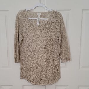 Chico's Beige Lace Blouse with 3/4 Sleeves